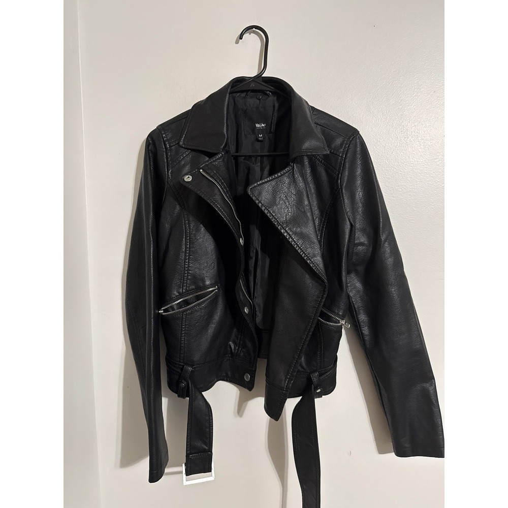 Mossimo Black Faux Leather Moto Biker Jacket Belted Silver Hardware Women M